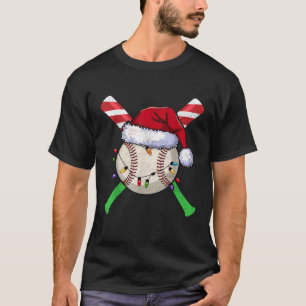 Baseball Christmas Santa Hat Lights Candy Cane Bat T-Shirt