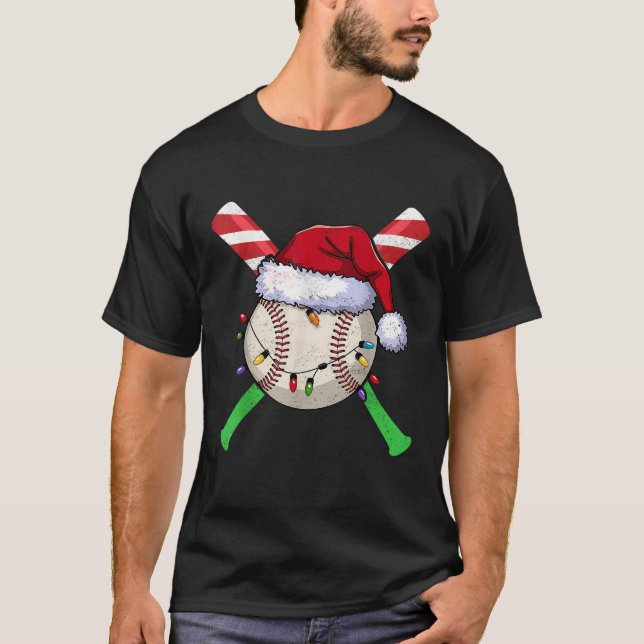 Baseball Christmas Santa Hat Lights Candy Cane Bat T-Shirt (Front)