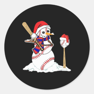 Baseball Christmas Snowman Playing Baseball  Classic Round Sticker