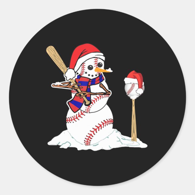 Baseball Christmas Snowman Playing Baseball  Classic Round Sticker (Front)