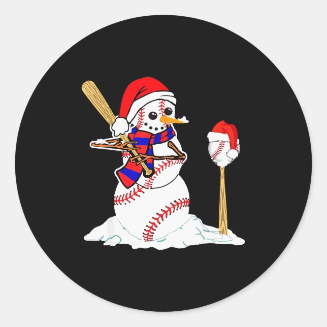 Baseball Christmas Snowman Playing Baseball  Classic Round Sticker (Front)