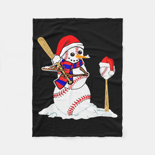 Baseball Christmas Snowman Playing Baseball  Fleece Blanket (Front)