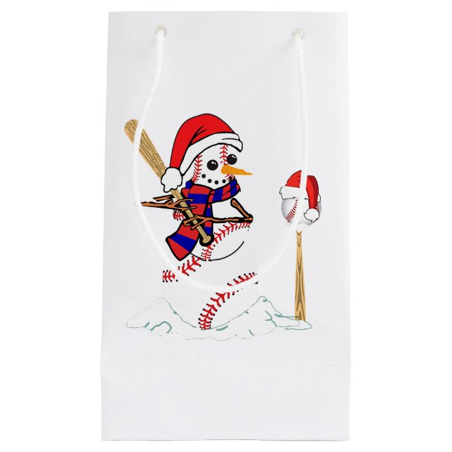 Baseball Christmas Snowman Playing Baseball  Small Gift Bag (Front)
