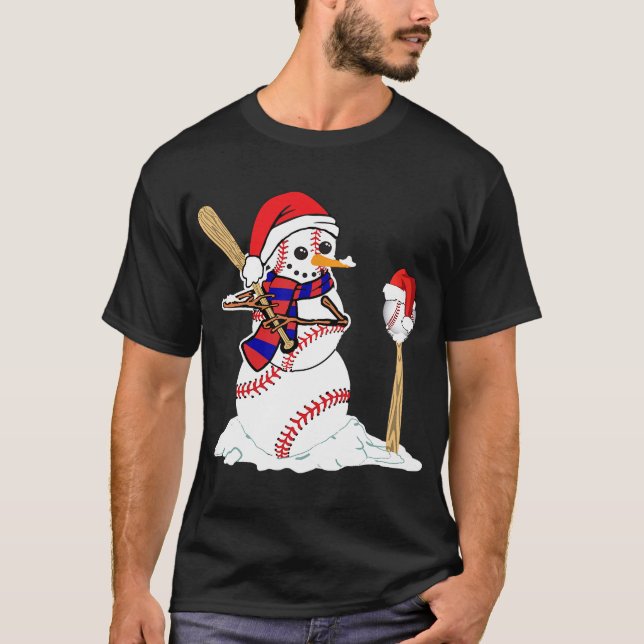 Baseball Christmas Snowman Playing Baseball T-Shir T-Shirt (Front)