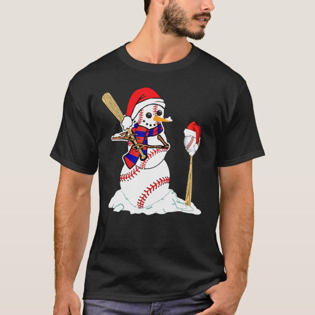 Baseball Christmas Snowman Playing Baseball T-Shirt (Front)