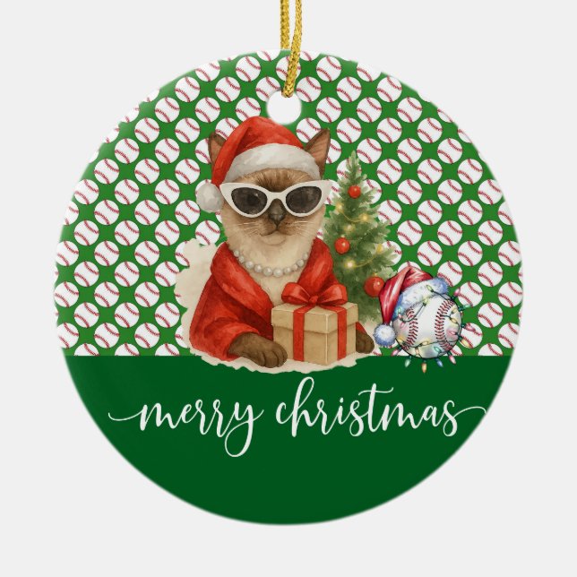 Baseball Christmas themed for Cat Lovers  Ceramic Tree Decoration (Front)