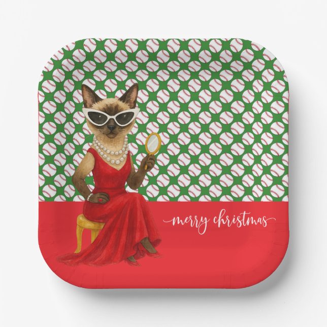 Baseball Christmas themed for Cat Lovers  Paper Plate (Front)