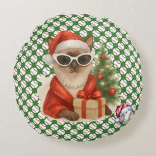 Baseball Christmas themed for Cat Lovers Round Cushion