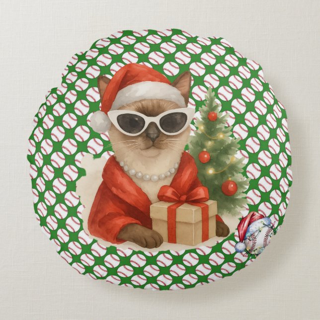 Baseball Christmas themed for Cat Lovers  Round Cushion (Front)
