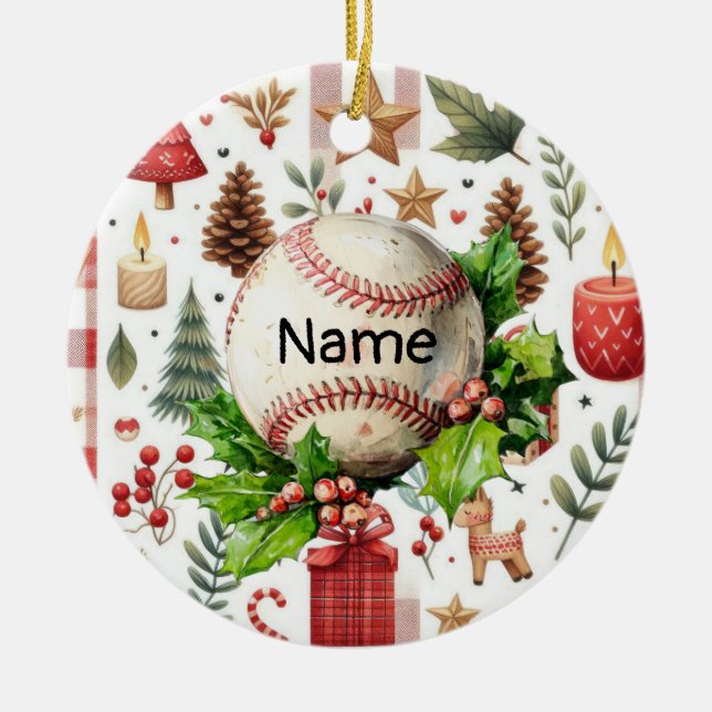Baseball Christmas themed for kids with name Ceramic Tree Decoration (Front)