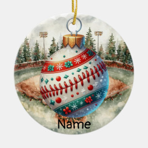 Baseball Christmas themed for kids with name Ceramic Tree Decoration