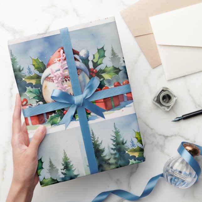 Baseball Christmas themed with Santa Hat  Wrapping Paper (Gifting)