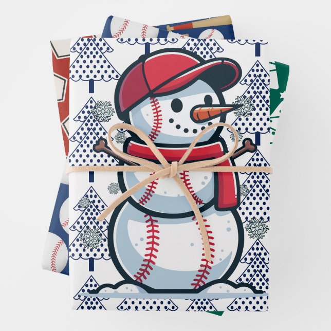 Baseball Christmas themed with Snowman Wrapping Paper Sheet (In situ)