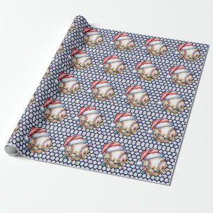 Baseball Christmas with ball on blue background Wrapping Paper