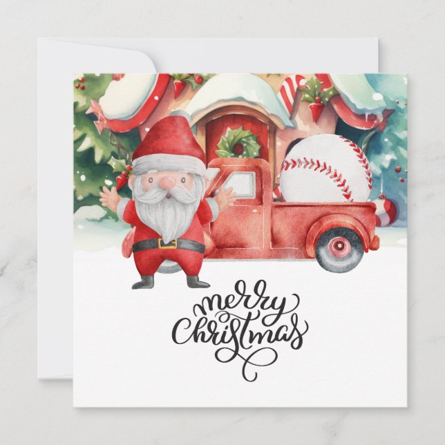 Baseball Christmas with Santa Claus and Snowman Holiday Card (Front)