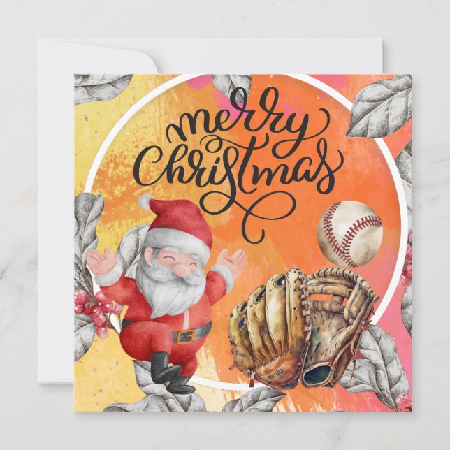 Baseball Christmas with Santa Claus and Snowman Holiday Card (Front)