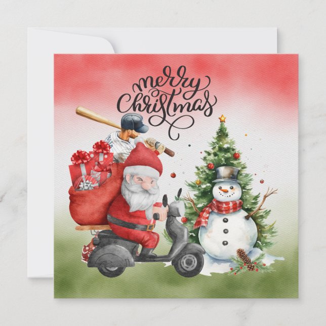 Baseball Christmas with Santa Claus and Snowman Holiday Card (Front)