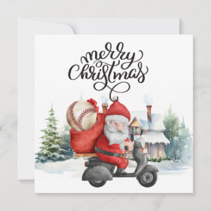 Baseball Christmas with Santa Claus and Snowman Holiday Card