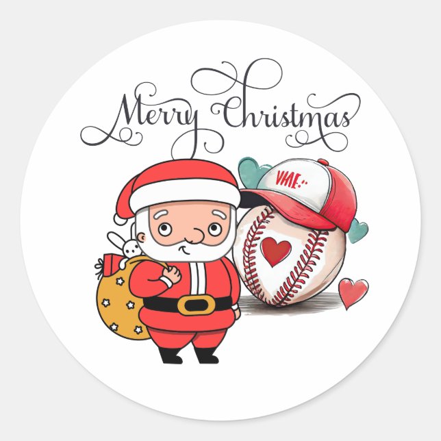 Baseball Christmas with Santa Claus Classic Round Sticker (Front)
