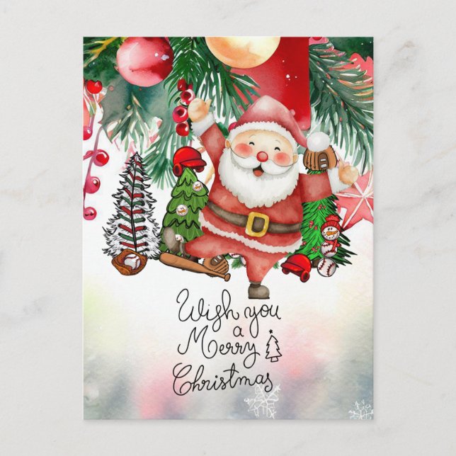 Baseball Christmas with Santa Claus for Player Holiday Postcard (Front)