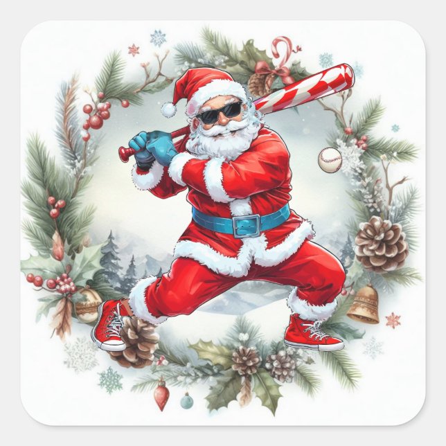 Baseball Christmas with Santa Claus Square Sticker (Front)