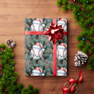 Baseball Christmas with Santa hat Wrapping Paper