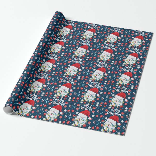 Baseball Christmas with Santa hat Wrapping Paper (Unrolled)