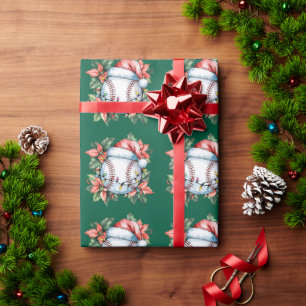 Baseball Christmas with Santa hat Wrapping Paper
