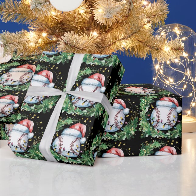 Baseball Christmas with Santa hat  Wrapping Paper (Holidays)