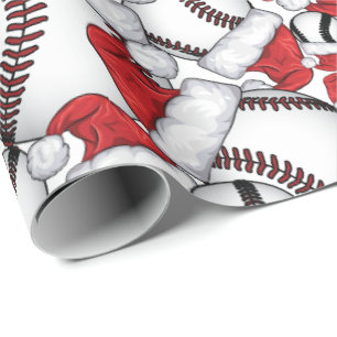 Baseball Christmas with Santa Hats Wrapping Paper