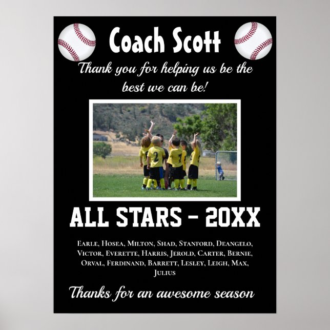 Baseball coach gift with team photo poster (Front)