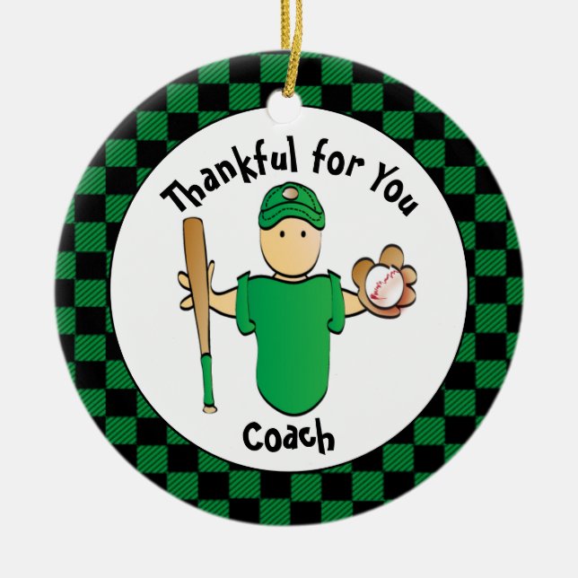 Baseball Coach Personalised Male Cartoon Thank You Ceramic Tree Decoration (Front)