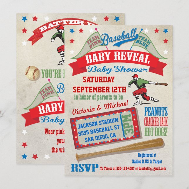 Baseball Couples Baby Reveal Shower Invitations (Front/Back)