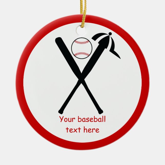 Baseball crossed bats and cap black, red custom ceramic tree decoration (Front)