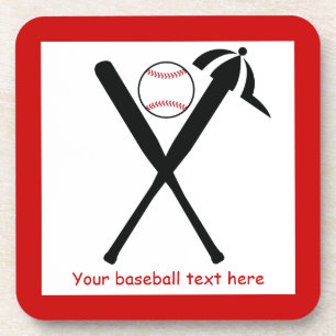 Baseball crossed bats and cap black, red custom coaster