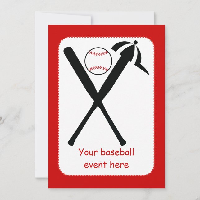Baseball crossed bats and cap black, red custom invitation (Front)