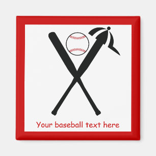 Baseball crossed bats and cap black, red custom magnet