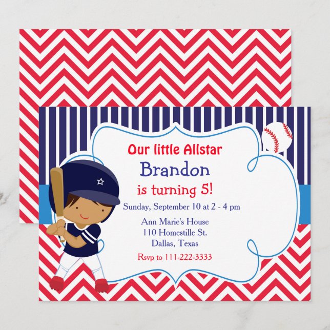 Baseball Cute African American Boy Birthday Invitation (Front/Back)