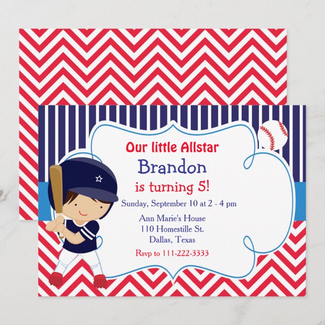 Baseball Cute Brunette Boy Birthday Party Invitation (Front/Back)