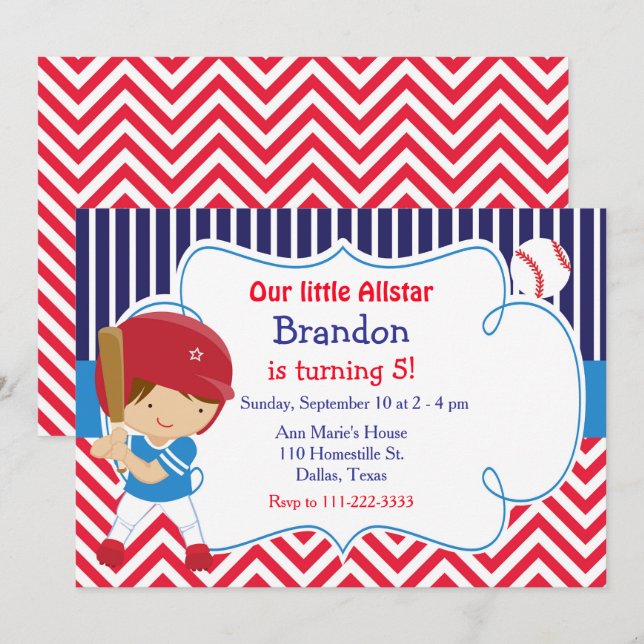 Baseball Cute Brunette Boy Birthday Party Invitation (Front/Back)