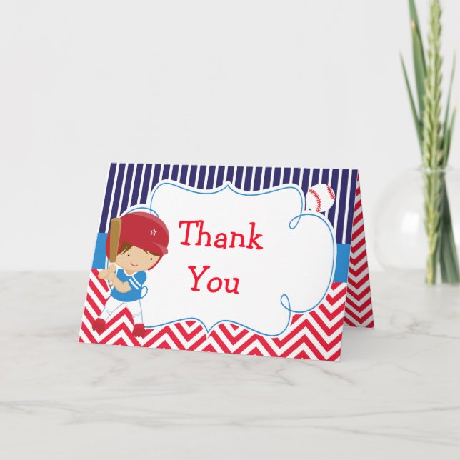Baseball Cute Brunette Boy Birthday Party Thank You Card (Front)