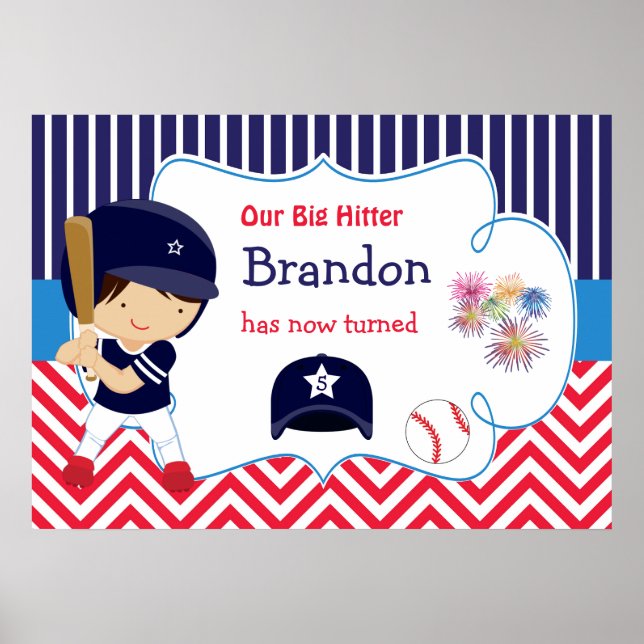 Baseball Cute Dark Hair Boy Birthday Poster (Front)