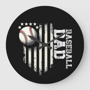 Baseball DAD USA American Flag Fathers Day 4th of Large Clock