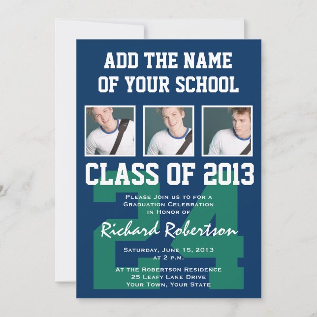 Baseball Dark Blue and Kelly Green Uniform Number Invitation (Front)