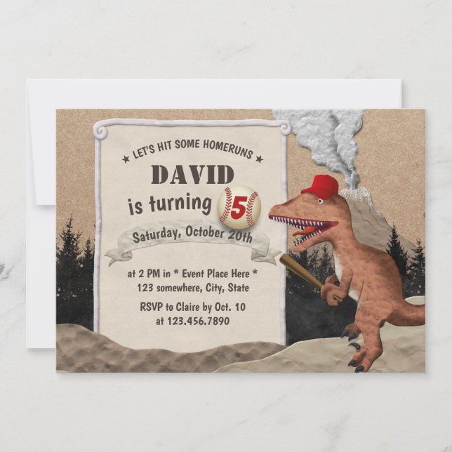 Baseball Dinosaur Boys All-Star Birthday Party Invitation (Front)