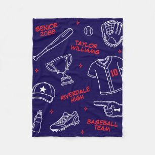 Baseball Doodle Pattern Custom Name Senior Gift Fleece Blanket