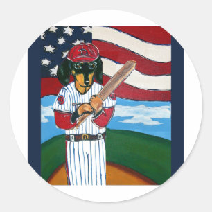 Baseball doxie classic round sticker