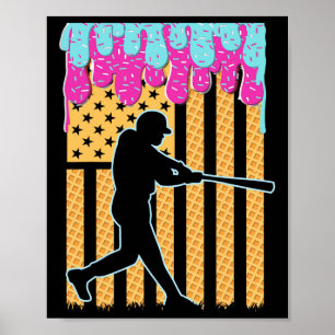 Baseball Drip Bat Boys Ice Cream American Flag 4th Poster