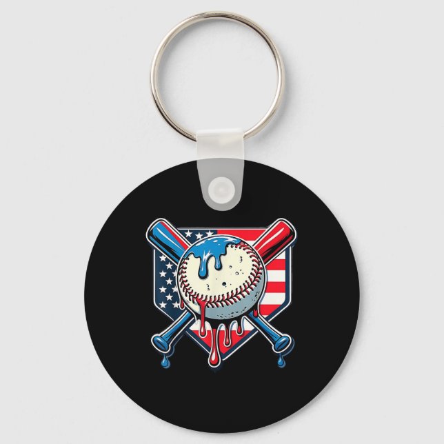 Baseball Drip Boy Ice Cream Patriotic American Fla Key Ring (Front)