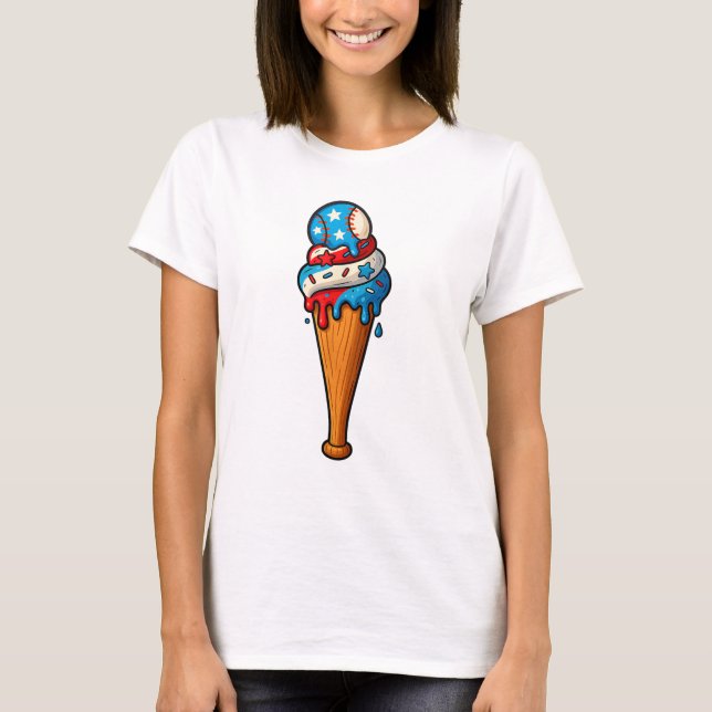 Baseball Drip Ice Cream Flag 4th of July Patriotic T-Shirt (Front)